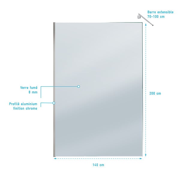 AURLANE - Paroi de Douche 140x200cm Verre Fumé 8mm - Barre de Fixation Extensible et Profil Chrome - large
