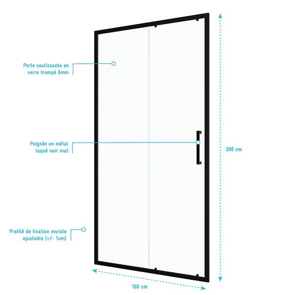 AURLANE - Porte de douche coulissante 100x200 cm - Verre transparent - Profilé Noir - CRUSH - large