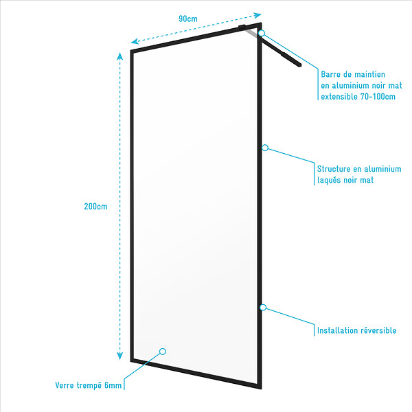 AURLANE - Paroi de Douche 90x200 cm - Cadre et Bras Aluminium NOIR MAT - DARK CONTOURING - large