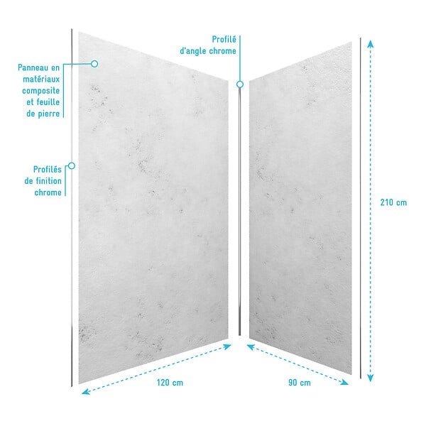 AURLANE - Pack de 2 Panneaux Muraux Pierre Light Grey 90+120x210 cm avec Profilés ANODISE BRILLANT - STONE'IT - large