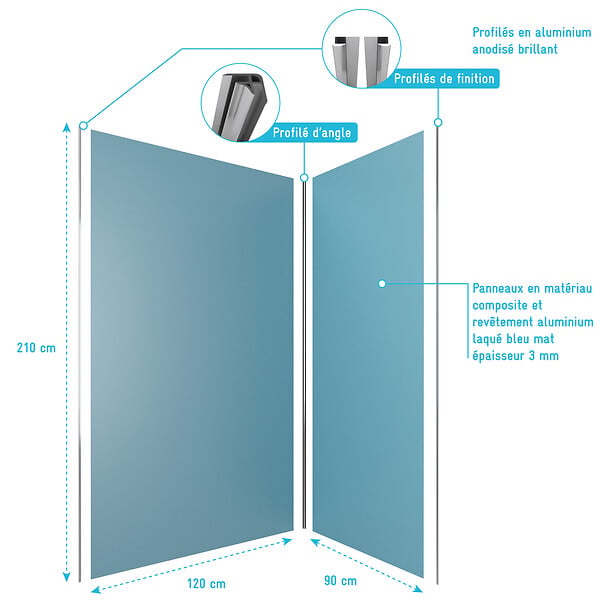 AURLANE - Pack de 2 Panneaux Muraux Aluminium BLEU 90+120x210 cm avec Profilés ANODISE BRILLANT - WALL'IT - large