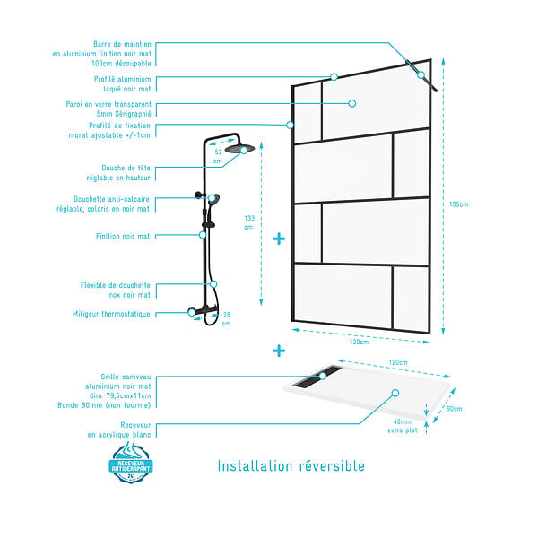 AURLANE - Paroi de Douche 120 cm Sérigraphie Noire et Receveur Blanc 80x120 + Colonne de Douche Thermostatique - large