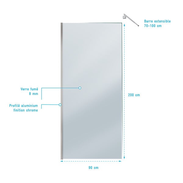 AURLANE - Paroi de Douche 90x200cm Verre Fumé 8mm - Barre de Fixation Extensible et Profil Chrome - large