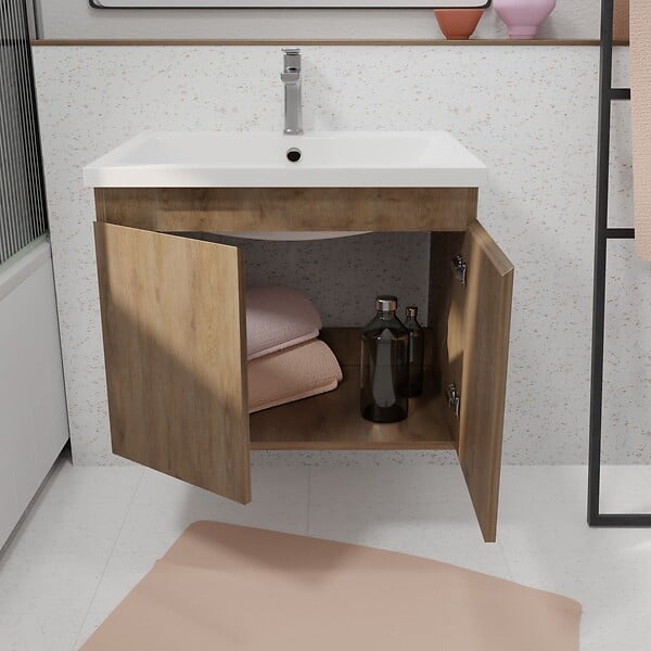 AURLANE - Meuble de salle de bains 60cm à Suspendre Décor Bois Clair - 2 Portes - Vasque Blanche - ELEMENTARY - large
