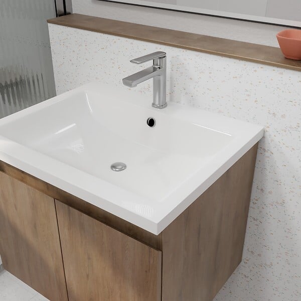 AURLANE - Meuble de salle de bains 60cm à Suspendre Décor Bois Clair - 2 Portes - Vasque Blanche - ELEMENTARY - large