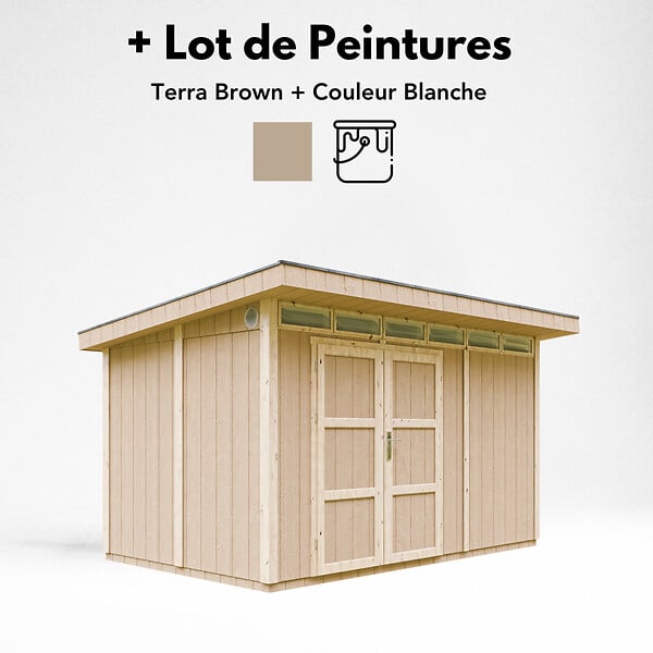 TIMBELA - Abri de Jardin Qualité Premium 9m² - L412xL279cm - Kit tout compris avec sol, tuiles bitumineuses, set de peinture-Construction de Panneaux LP Smartside- Cabane de Jardin Timbela M904A TERRA BROWN - large