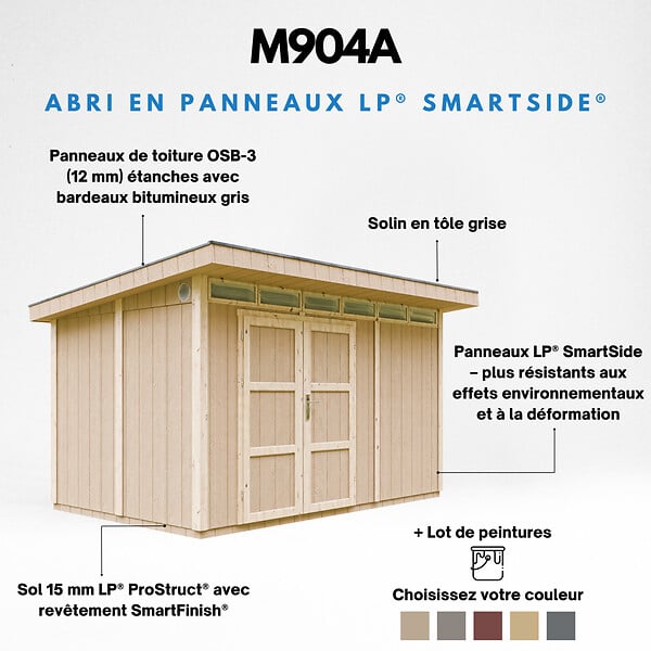TIMBELA - Abri de Jardin Qualité Premium 9m² - L412xL279cm - Kit tout compris avec sol, tuiles bitumineuses, set de peinture-Construction de Panneaux LP Smartside- Cabane de Jardin Timbela M904A TERRA BROWN - large
