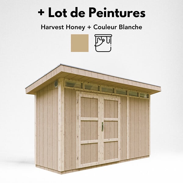 TIMBELA - Abri de Jardin Qualité Premium 4m² - L161xL412cm - Kit tout compris avec sol, tuiles bitumineuses, set de peinture-Construction de Panneaux LP Smartside- Cabane de Jardin Timbela M902A HARVEST HONEY - large