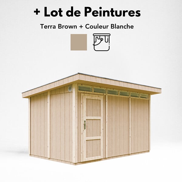 TIMBELA - Abri de Jardin Qualité Premium 9m² - L412xL279cm - Kit tout compris avec sol, tuiles bitumineuses, set de peinture-Construction de Panneaux LP Smartside- Cabane de Jardin Timbela M904 TERRA BROWN - large