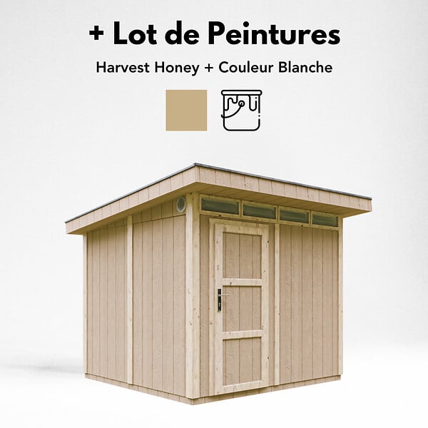TIMBELA - Abri de Jardin Qualité Premium 6m² - L294xL279cm - Kit tout compris avec sol, tuiles bitumineuses, set de peinture-Construction de Panneaux LP Smartside- Cabane de Jardin Timbela M903 HARVEST HONEY - large