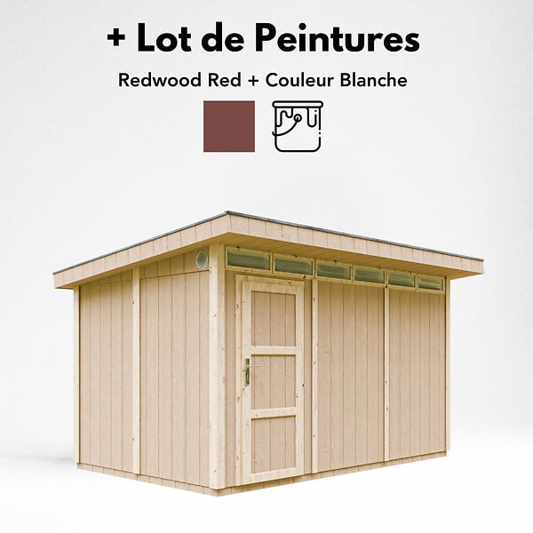 TIMBELA - Abri de Jardin Qualité Premium 9m² - L412xL279cm - Kit tout compris avec sol, tuiles bitumineuses, set de peinture-Construction de Panneaux LP Smartside- Cabane de Jardin Timbela M904 REDWOOD RED - large