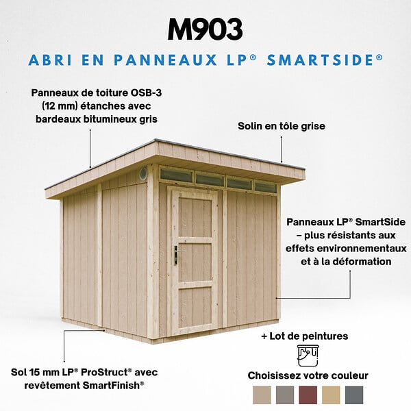 TIMBELA - Abri de Jardin Qualité Premium 6m² - L294xL279cm - Kit tout compris avec sol, tuiles bitumineuses, set de peinture-Construction de Panneaux LP Smartside- Cabane de Jardin Timbela M903 TERRA BROWN - large