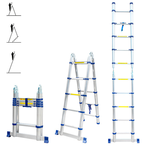HOSTRÃ–M - Echelle télescopique articulée 3,2m STEMPAKT, escabeau 2x5 marches pliable professionnel multifonction, H max travail 4,1m, Garantie 5 ans, Hoström - large