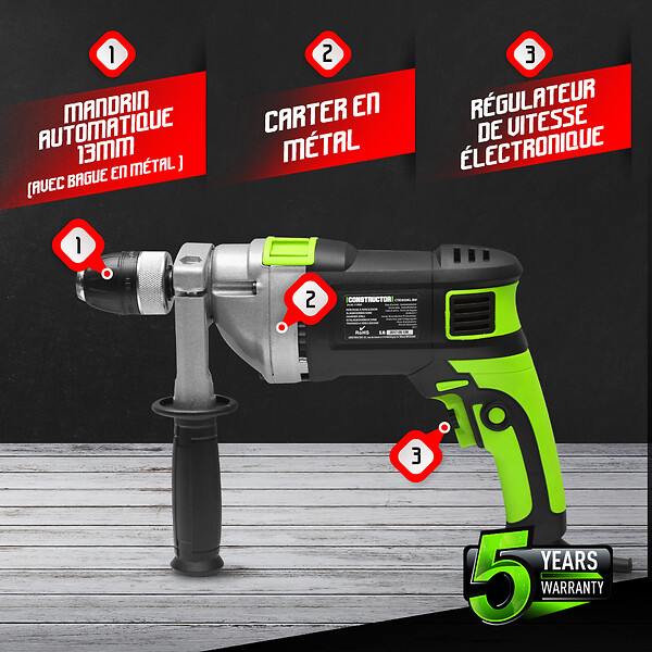 CONSTRUCTOR - Perceuse à percussion 850W mandrin auto. 13mm - large