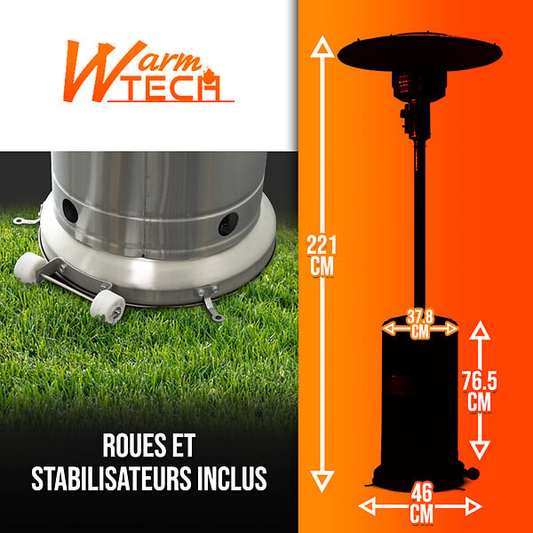 WARM TECH - Chauffage de terrasse au gaz 13Kw avec roues - large