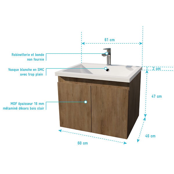 AURLANE - Meuble de salle de bains 60cm à Suspendre Décor Bois Clair - 2 Portes - Vasque Blanche - ELEMENTARY - large