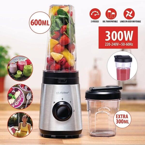 ALPINA - Mixeur Blender smoothie 300W 2 Vitesses + Turbo 4 Lames acier Inox 2 Gobelets 300-600 ml ALPINA - large