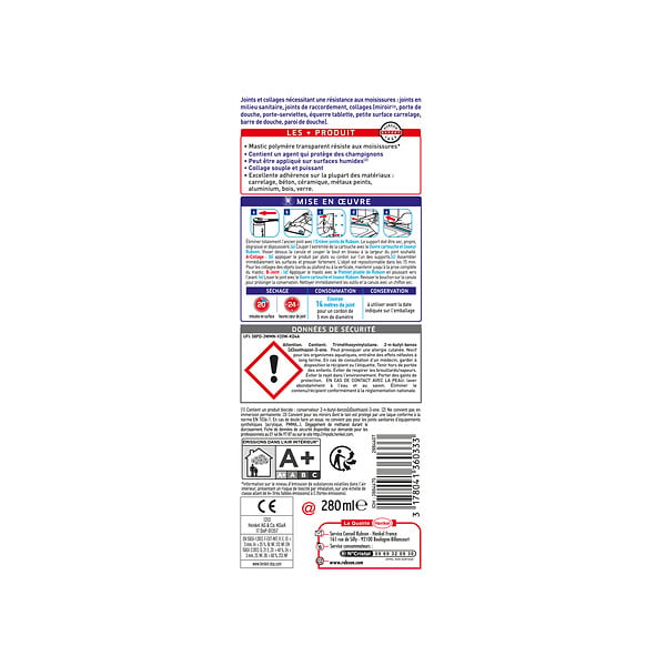 RUBSON - Mastic Sanitaire Transparent - 280ml - Joint silicone - large