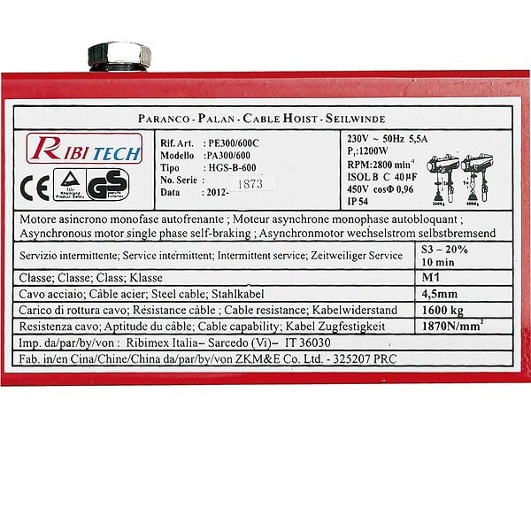 RIBITECH - Palan électrique 1050w - large