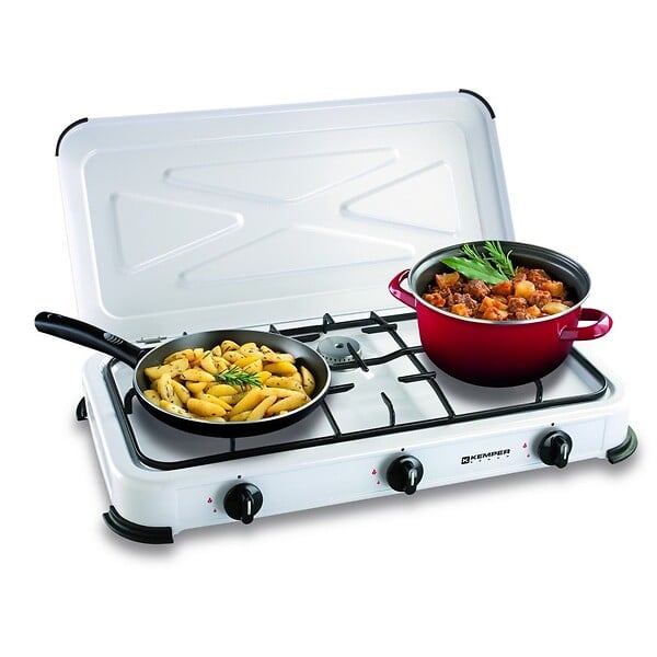 KEMPER - Réchaud gaz portable 3 feux 3450W Blanc laqué Couvercle Plaque de cuisson + Tuyau gaz KEMPER - large