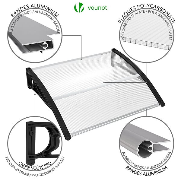 VOUNOT - Auvent de porte marquise 100x80 cm transparent en Polycarbonate anti UV Noir - large