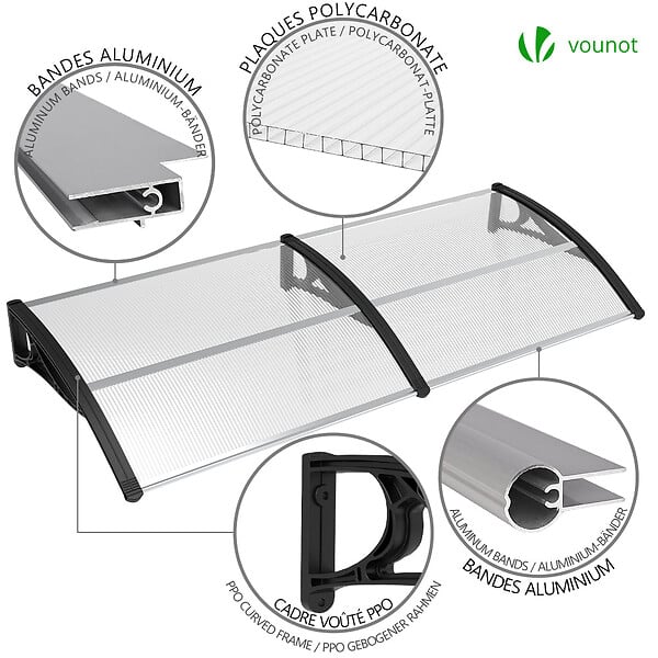 VOUNOT - Auvent de porte marquise 200x80 cm transparent en Polycarbonate anti UV Noir - large