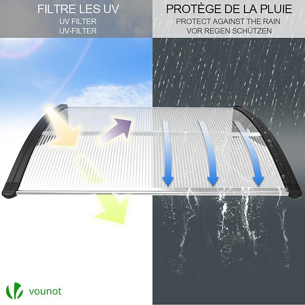 VOUNOT - Auvent de porte marquise 120x80 cm transparent en Polycarbonate anti UV Noir - large
