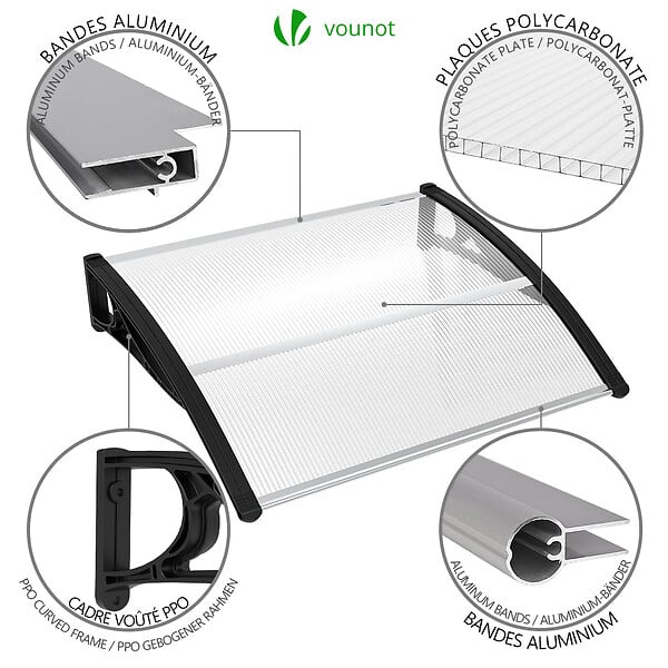 VOUNOT - Auvent de porte marquise 120x80 cm transparent en Polycarbonate anti UV Noir - large
