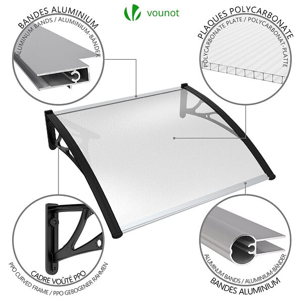 VOUNOT - Auvent de porte marquise 100x80 cm transparent en Polycarbonate anti UV Noir - large