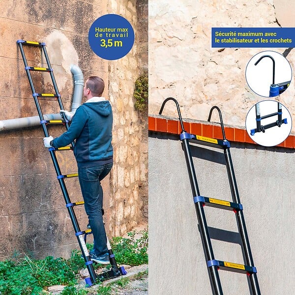 HOSTRÃ–M - Echelle telescopique 2,6m TELESCOVA8+, Aluminium, Pliable, Extensible, Multi-fonction, Hauteur travail max 3,5m, Crochets Amovibles, Garantie 5 ans - large