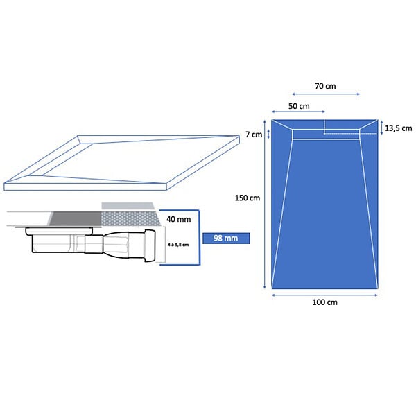 U-TILE - Receveur de douche blanc 150 x 100 cm en résine aspect ardoise - grille caniveau - large