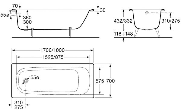 ROCA - Baignoire CONTESA 160x70 cm perçée 2 trous avec pieds ROCA A235997000 - large