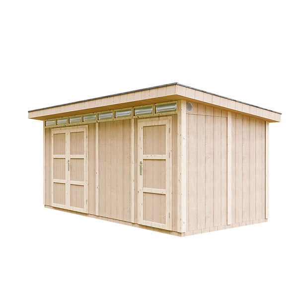TIMBELA - Abri de Jardin Qualité Premium 8.52+2.95 m² - Kit tout compris avec sol, tuiles bitumineuses, set de peinture-Construction de Panneaux LP Smartside- Cabane de Jardin Timbela M905C HARVEST HONEY - large