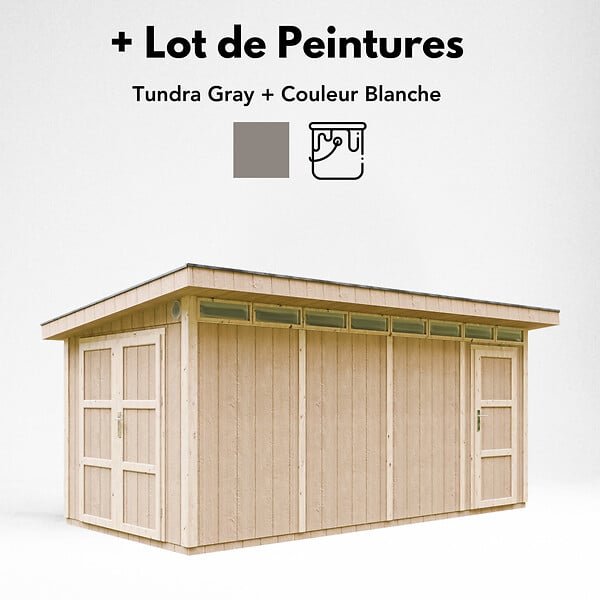 TIMBELA - Abri de Jardin Qualité Premium 8.52+2.95 m² - Kit tout compris avec sol, tuiles bitumineuses, set de peinture-Construction de Panneaux LP Smartside- Cabane de Jardin Timbela M905C TUNDRA GREY - large