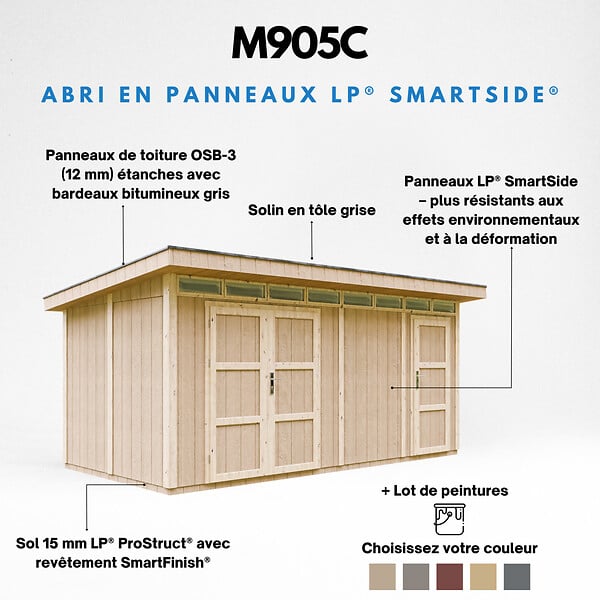 TIMBELA - Abri de Jardin Qualité Premium 8.52+2.95 m² - Kit tout compris avec sol, tuiles bitumineuses, set de peinture-Construction de Panneaux LP Smartside- Cabane de Jardin Timbela M905C TUNDRA GREY - large