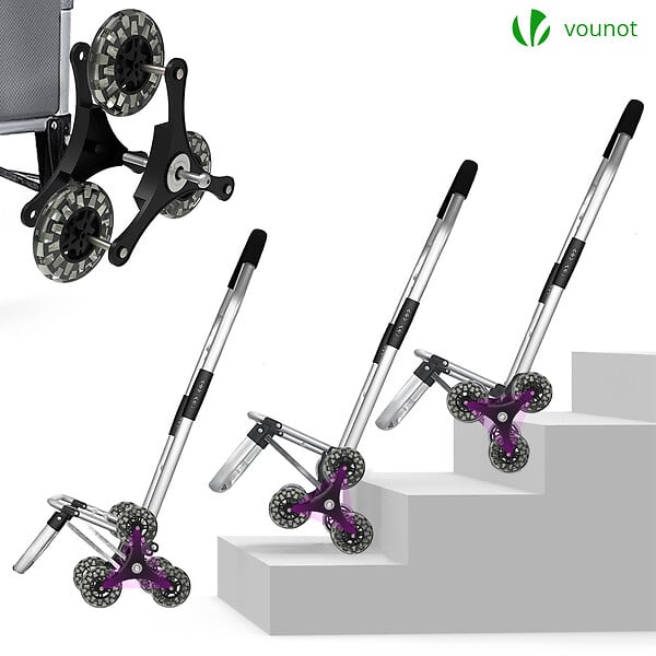 VOUNOT - Chariot de course pliable monte escalier aluminium avec crochets gris - large