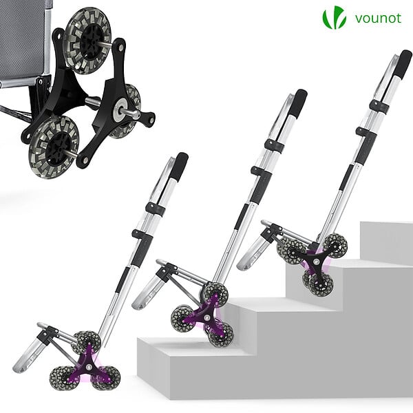 VOUNOT - Chariot de course pliable monte escalier aluminium avec crochets gris - large