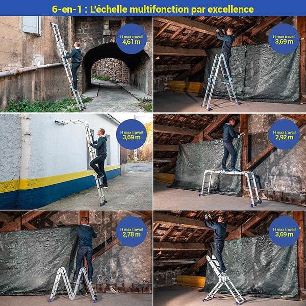HOSTRÃ–M - Echelle pliante articulée STAVALANCE 4x3 marches, echafaudage multifonction, ecarteur de mur, escabeau, 2 plaques plateforme de travail, Hostrom - large