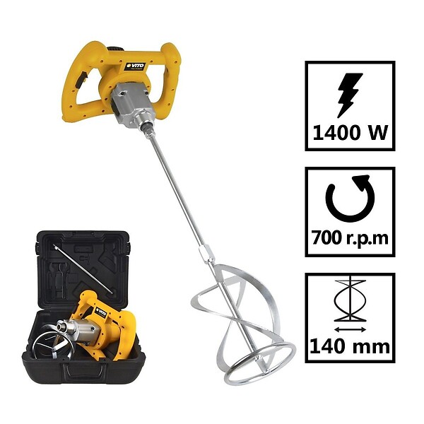 VITO - Malaxeur de chantier 1400W Mélangeur à béton Tige 590mm Pale 140 mm Capacité 65L 2 vitesses Coffre de rangement VITO - large