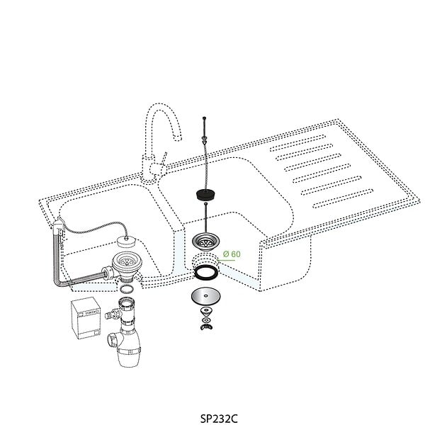 WIRQUIN - Bonde à plâteau d60 pour évier 2bacs communicants - large