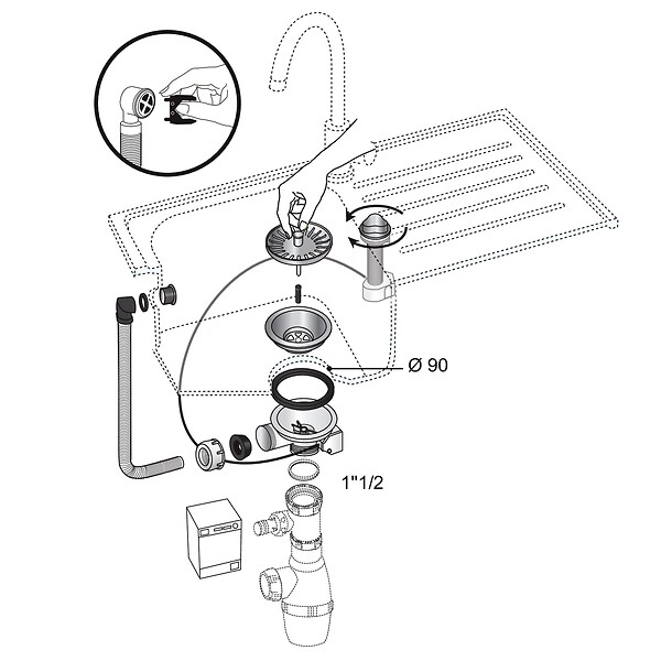 WIRQUIN - Bonde évier d90 1 bac commande à câble - large