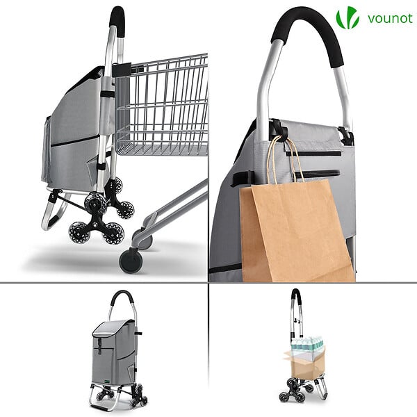 VOUNOT - Chariot de course pliable monte escalier aluminium avec crochets gris - large