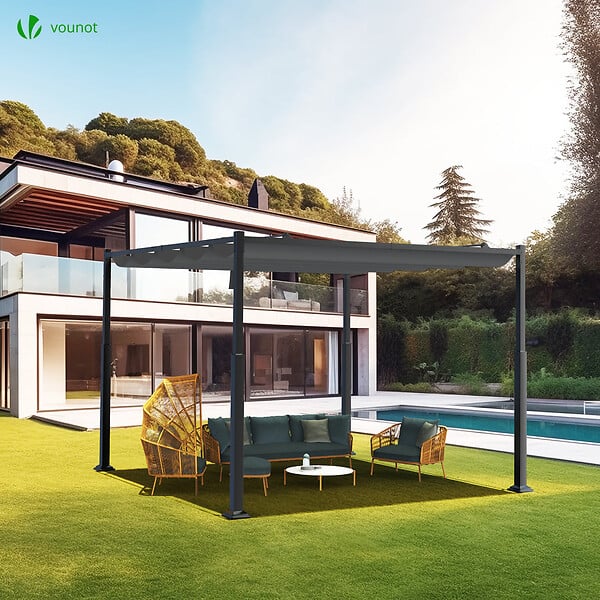 VOUNOT - Pergola retractable 3x3m en metal et toile Polyester haute densite 180g/m2 gris - large
