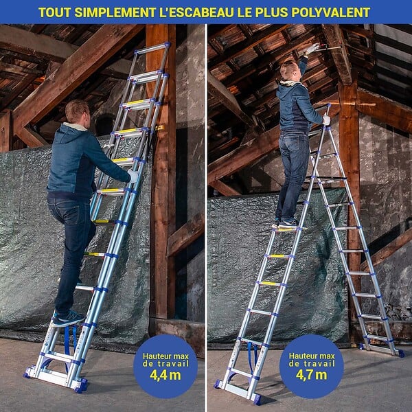 HOSTRÃ–M - Escabeau 11 marches telescopique EXTENDACT11, Echelle telescopique 3.2m+2.9m, escabeau pliable, Stabilisateur, H max travail 4.7m, Garantie 5 ans - large