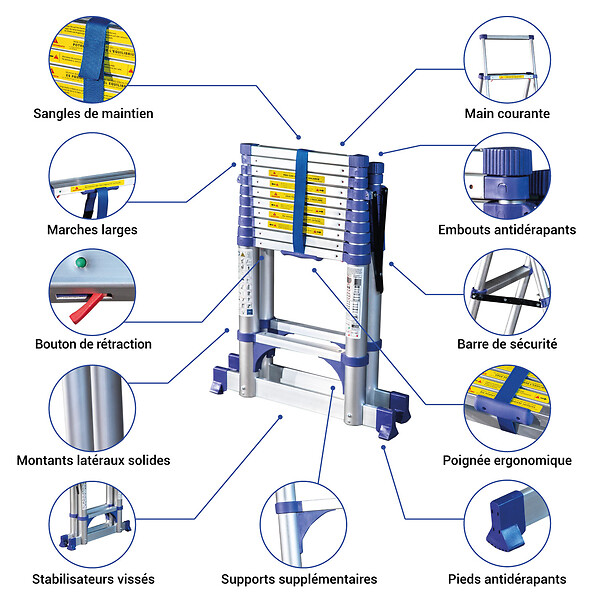 HOSTRÃ–M - Escabeau 11 marches telescopique EXTENDACT11, Echelle telescopique 3.2m+2.9m, escabeau pliable, Stabilisateur, H max travail 4.7m, Garantie 5 ans - large