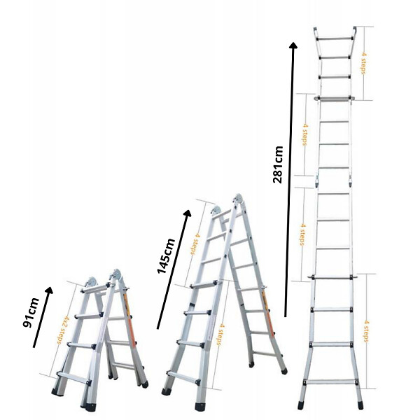 SECURY-T - Échelle articulée pliante et télescopique en aluminium 4x3 marches 2,81m + 2 tablettes - large
