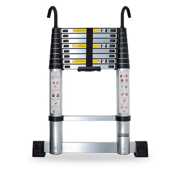 SECURY-T - Echelle télescopique aluminium 9 marches H 2,6M avec crochets démontables et barre stabilisatrice - large