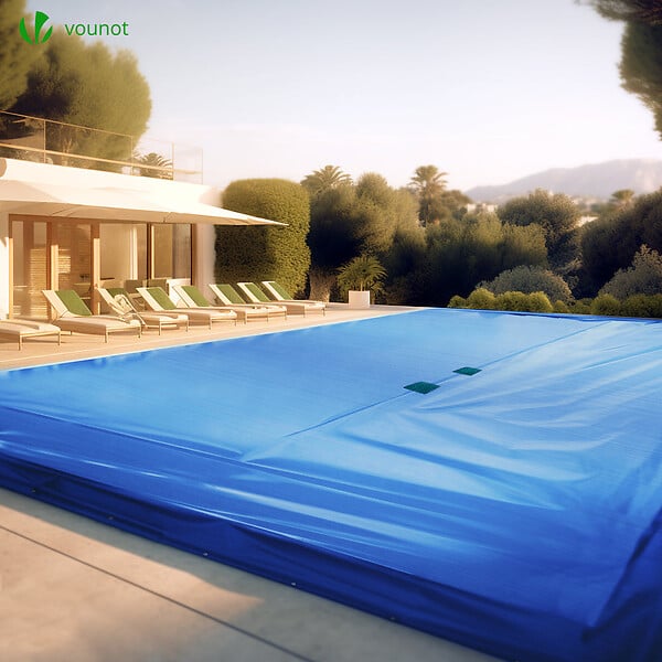 VOUNOT - Bache piscine rectangulaire double couche en Polyethylene 160 gr/m2 avec filet ecoulement 8x14m Bleue - large