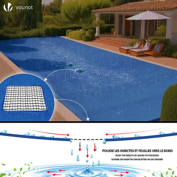 VOUNOT - Bache piscine rectangulaire double couche en Polyethylene 160 gr/m2 avec filet ecoulement 5x10m Bleue - large