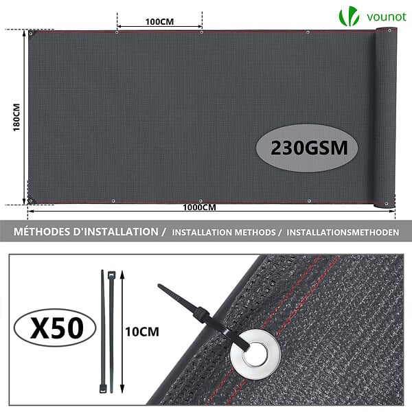 VOUNOT - Brise vue occultant en HDPE 230g/m² 1.8x10m avec attaches de fixation anthracite - large